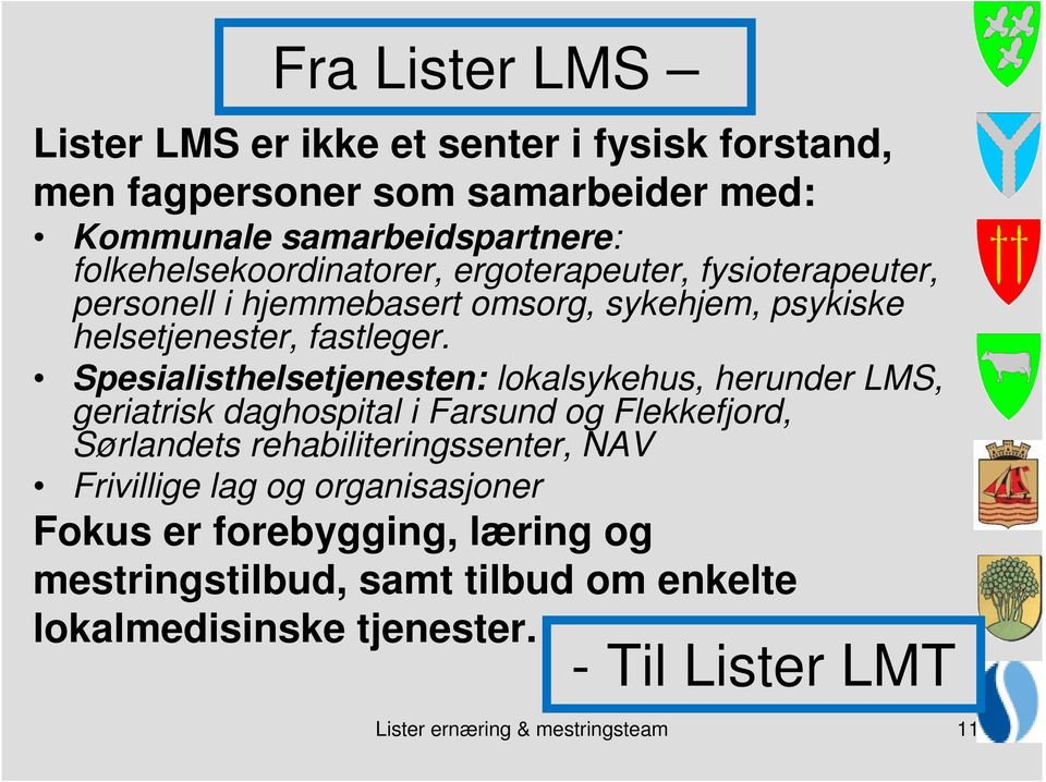 Spesialisthelsetjenesten: lokalsykehus, herunder LMS, geriatrisk daghospital i Farsund og Flekkefjord, Sørlandets rehabiliteringssenter, NAV