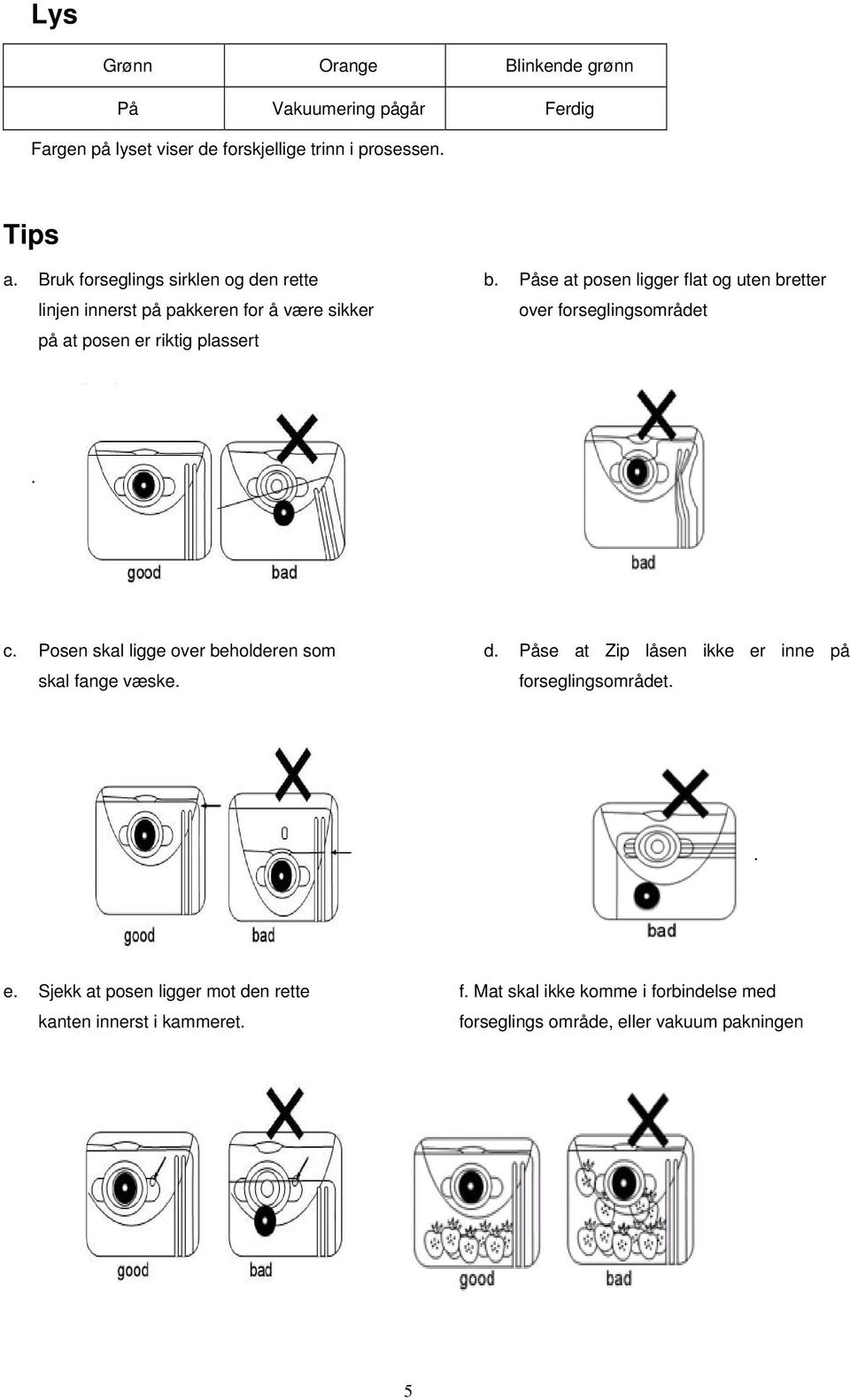 Påse at posen ligger flat og uten bretter over forseglingsområdet. c. Posen skal ligge over beholderen som skal fange væske. d.