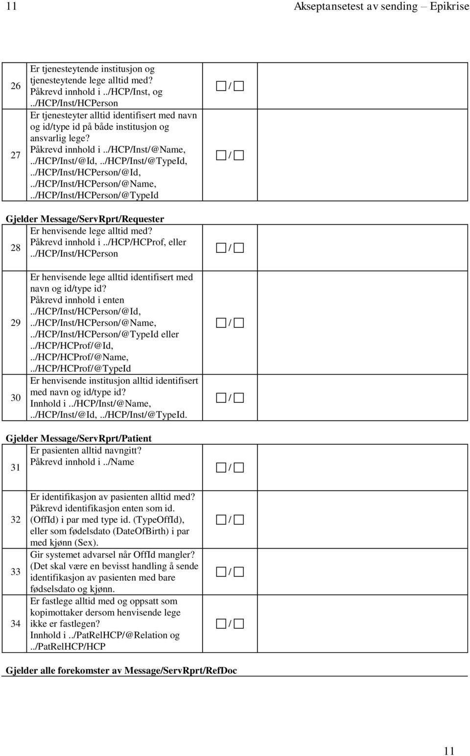 ./hcp/inst/hcperson/@id,../hcp/inst/hcperson/@name,../hcp/inst/hcperson/@typeid Gjelder Message/ServRprt/Requester Er henvisende lege alltid med? Påkrevd innhold i../hcp/hcprof, eller 28.