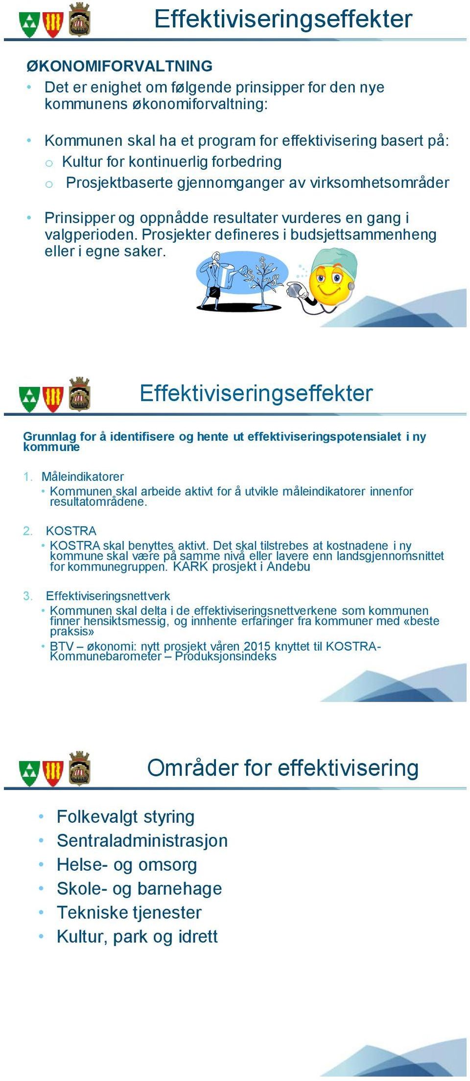 Prosjekter defineres i budsjettsammenheng eller i egne saker. Effektiviseringseffekter Grunnlag for å identifisere og hente ut effektiviseringspotensialet i ny kommune 1.