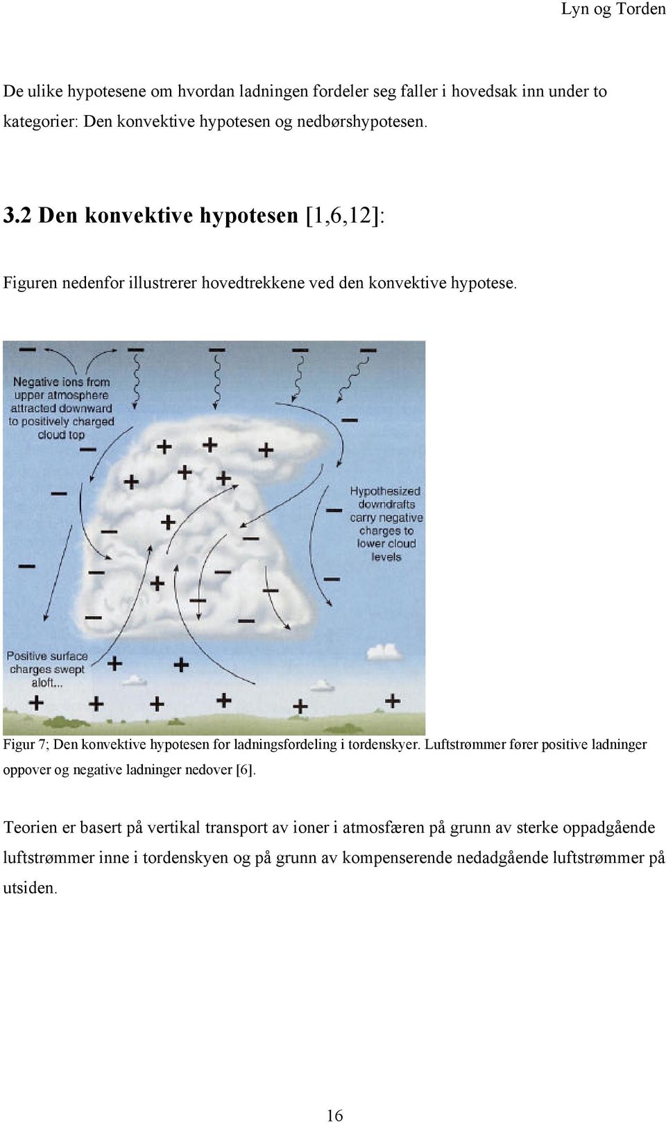 Figur 7; Den konvektive hypotesen for ladningsfordeling i tordenskyer. Luftstrømmer fører positive ladninger oppover og negative ladninger nedover [6].