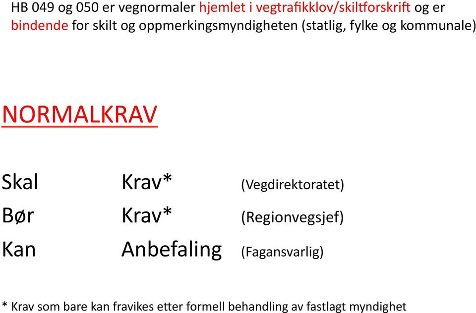 NORMALKRAV Skal Krav* (Vegdirektoratet) Bør Krav* (Regionvegsjef) Kan