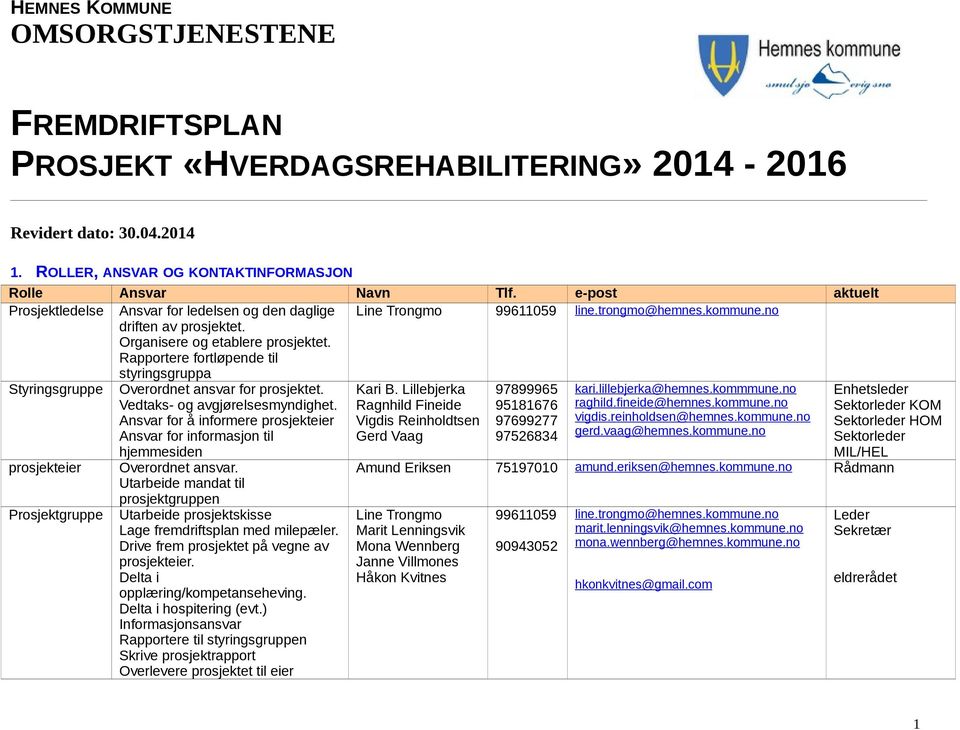 lillebjerka@hemnes.kommmune.no Vedtaks- og avgjørelsesmyndighet. Ragnhild Fineide 95181676 raghild.fineide@hemnes.kommune.no Ansvar for å informere prosjekteier Vigdis Reinholdtsen 97699277 vigdis.