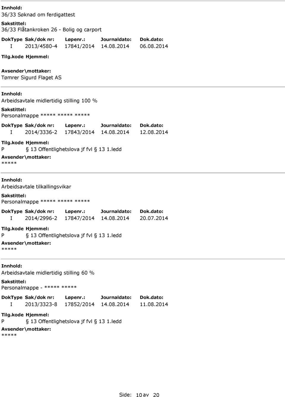 2014 P 13 Offentlighetslova jf fvl 13 1.ledd Arbeidsavtale tilkallingsvikar Personalmappe 2014/2996-2 17847/2014 20.07.