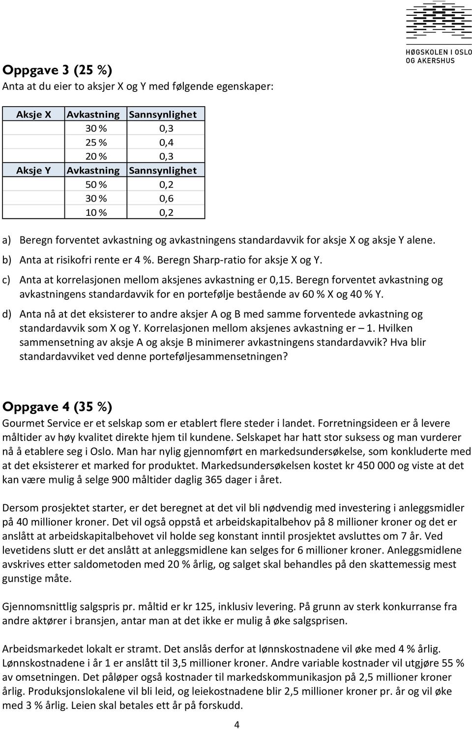 c) Anta at korrelasjonen mellom aksjenes avkastning er 0,15. Beregn forventet avkastning og avkastningens standardavvik for en portefølje bestående av 60 % X og 40 % Y.