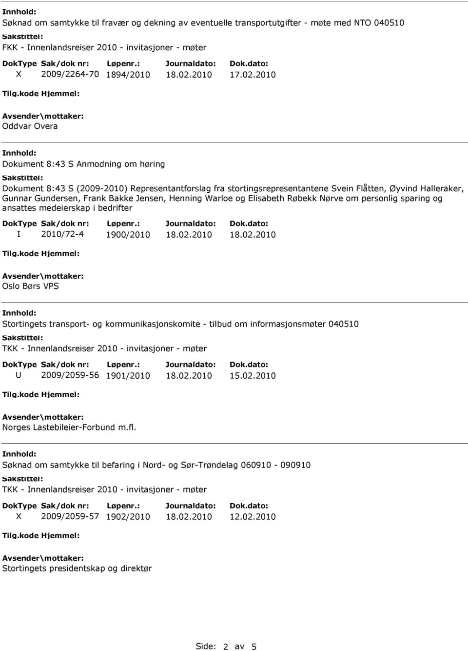 personlig sparing og ansattes medeierskap i bedrifter 2010/72-4 1900/2010 Oslo Børs VPS Stortingets transport- og kommunikasjonskomite - tilbud om informasjonsmøter 040510 TKK - nnenlandsreiser 2010