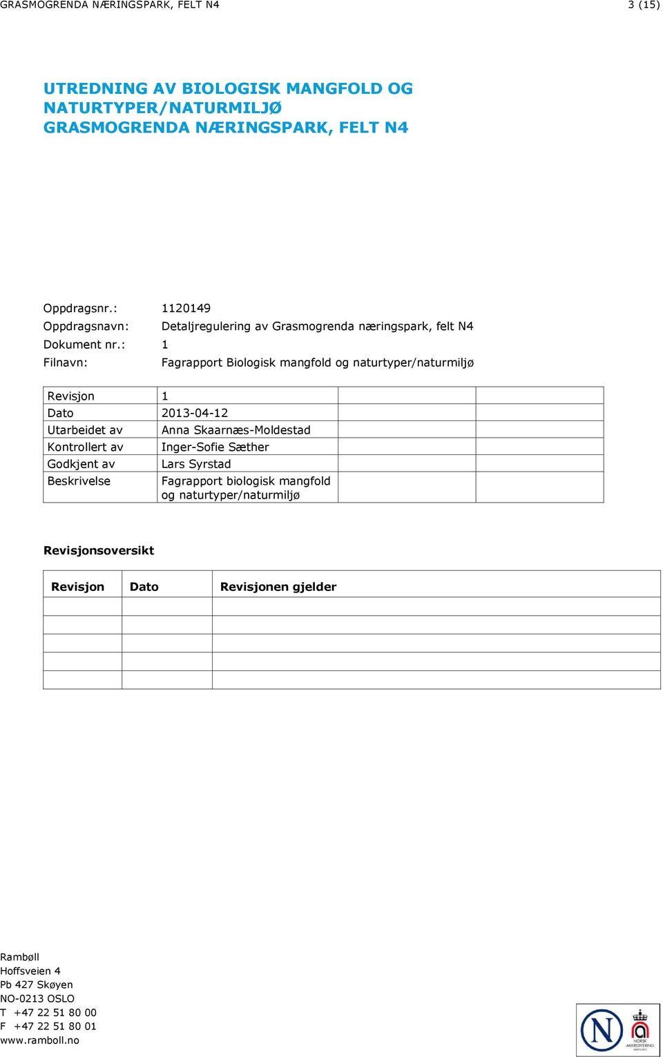 : 1 Filnavn: Fagrapport Biologisk mangfold og naturtyper/naturmiljø Revisjon 1 Dato 2013-04-12 Utarbeidet av Kontrollert av Godkjent av Beskrivelse Anna