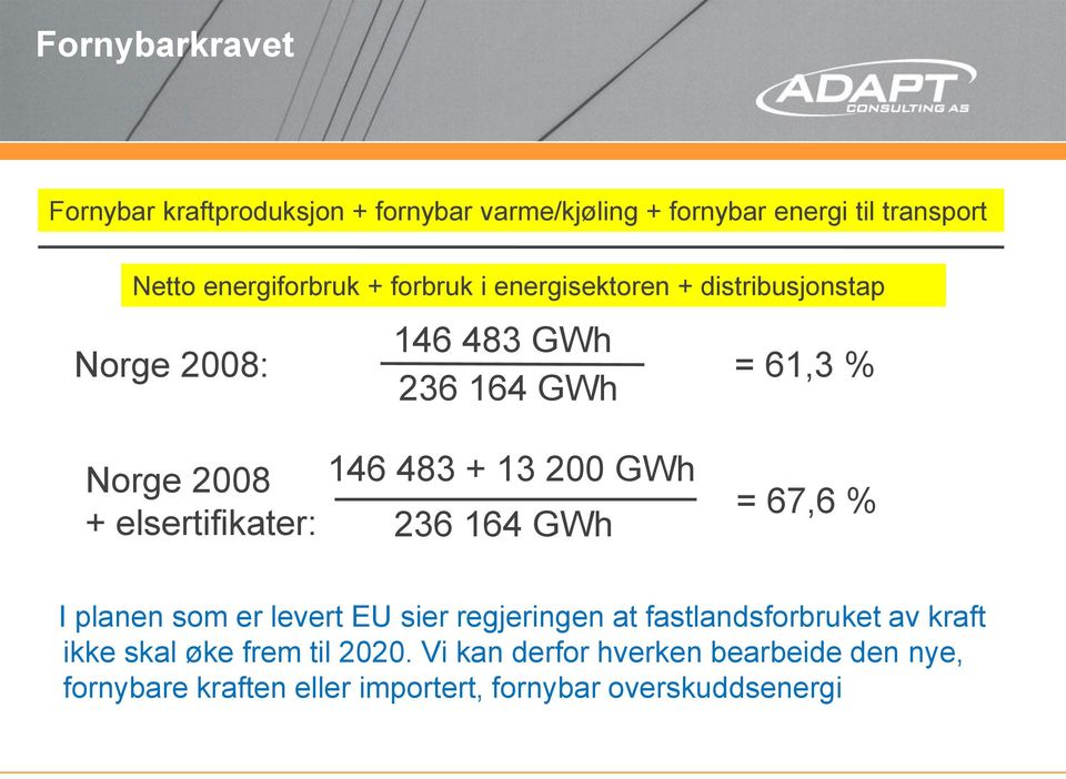 + elsertifikater: 236 164 GWh = 67,6 % I planen som er levert EU sier regjeringen at fastlandsforbruket av kraft ikke