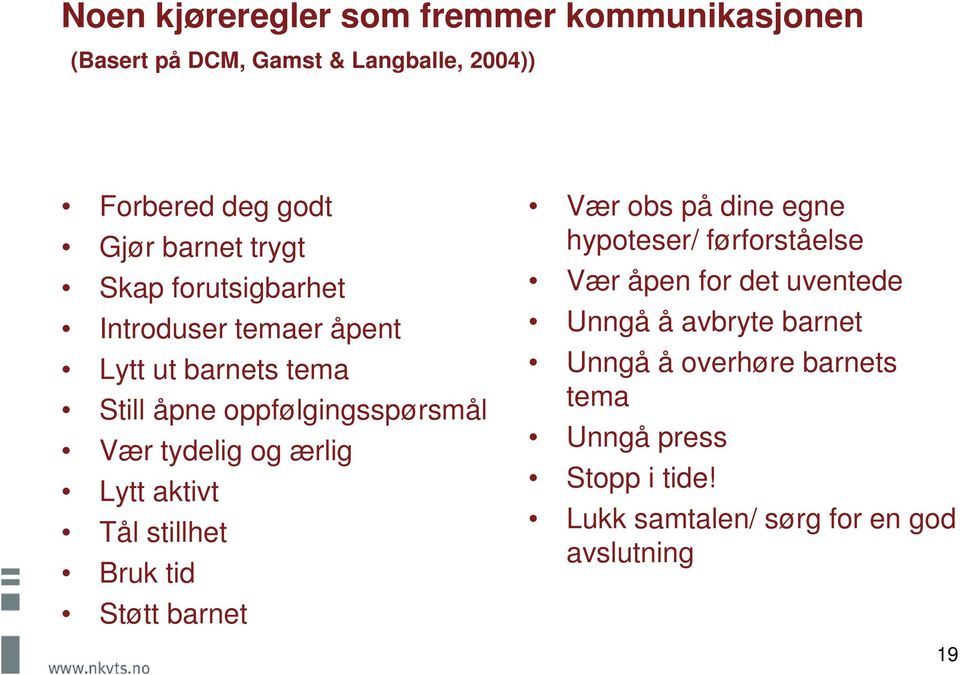 ærlig Lytt aktivt Tål stillhet Bruk tid Støtt barnet Vær obs på dine egne hypoteser/ førforståelse Vær åpen for det