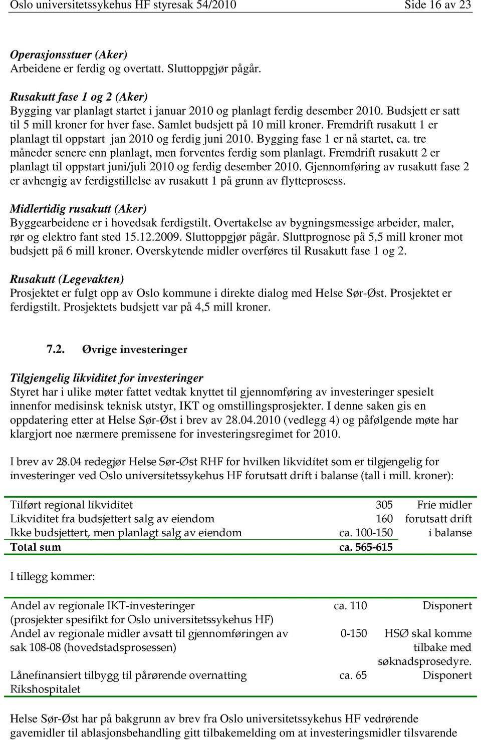 Fremdrift rusakutt 1 er planlagt til oppstart jan 2010 og ferdig juni 2010. Bygging fase 1 er nå startet, ca. tre måneder senere enn planlagt, men forventes ferdig som planlagt.