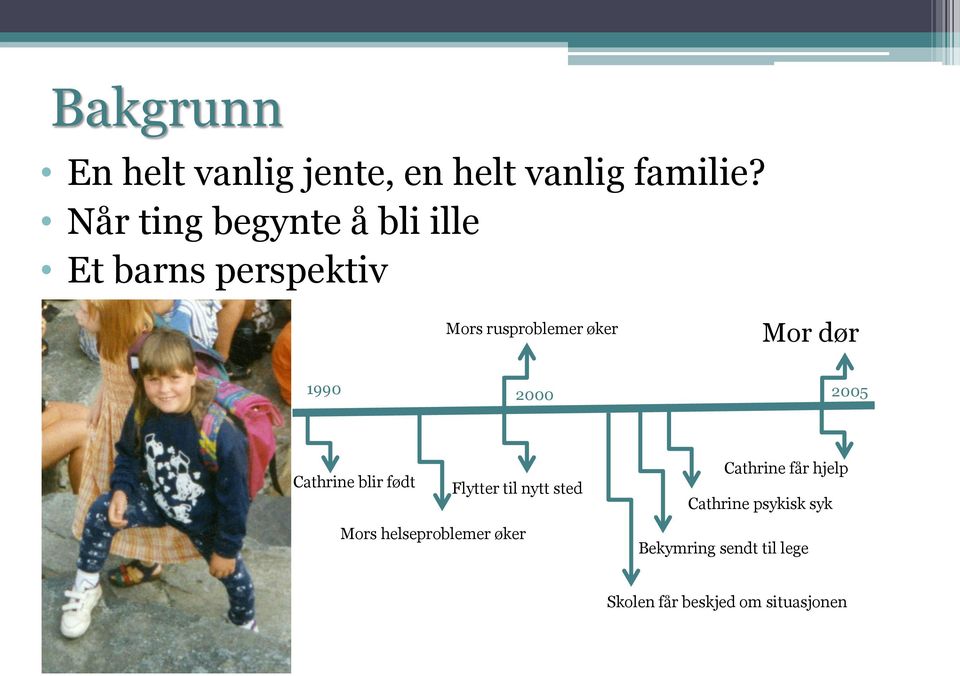 1990 2000 2005 Cathrine blir født Flytter til nytt sted Mors helseproblemer