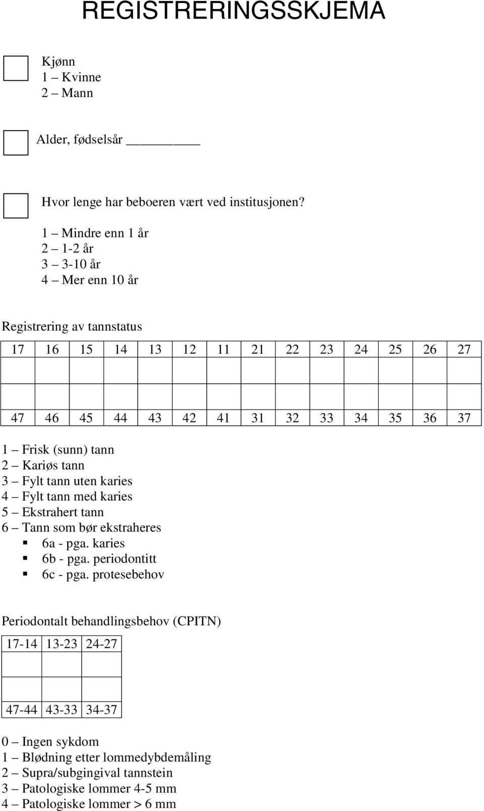 Frisk (sunn) tann 2 Kariøs tann 3 Fylt tann uten karies 4 Fylt tann med karies 5 Ekstrahert tann 6 Tann som bør ekstraheres 6a - pga. karies 6b - pga.