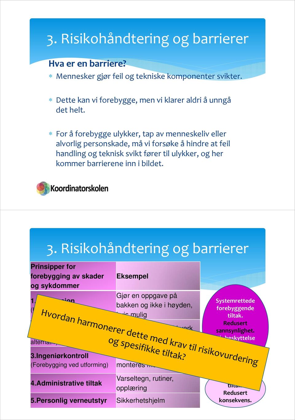 Risikohåndtering og barrierer Prinsipper for forebygging av skader og sykdommer 1.Eliminasjon (Utrydding av faren) 2.Substitusjon (Erstatte med mindre farlig alternativ) 3.