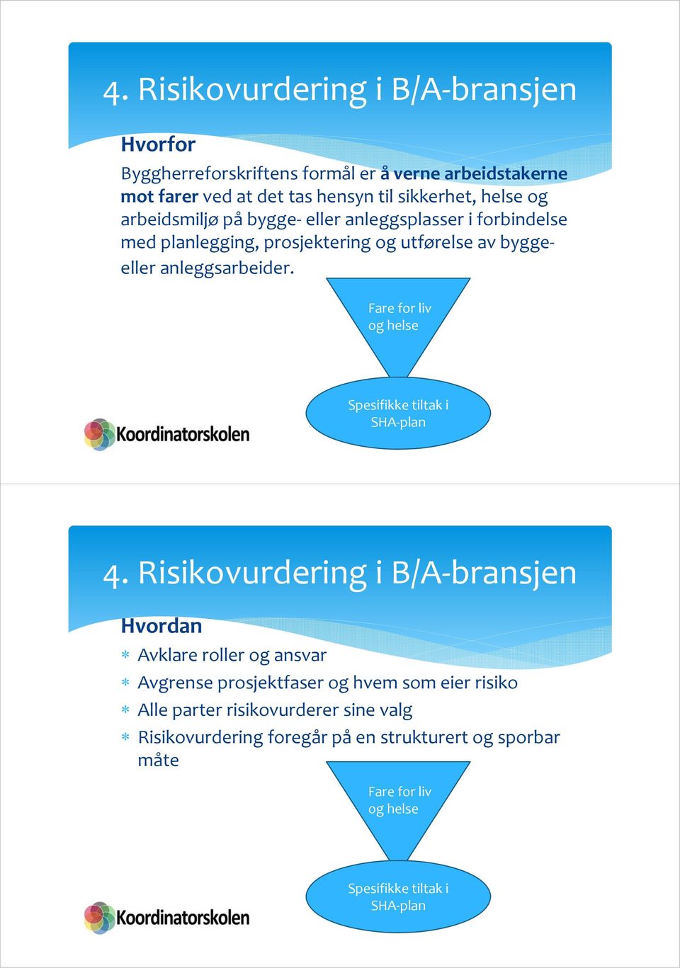 Fare for liv og helse Spesifikke tiltak i SHA plan 4.