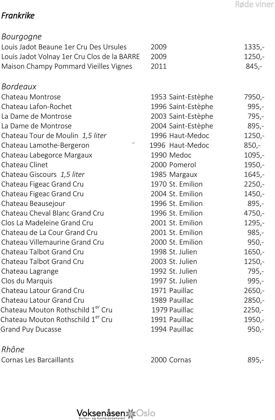 Moulin 1,5 liter 1996 Haut-Medoc 1250,- Chateau Lamothe-Bergeron 1996 Haut-Medoc 850,- Chateau Labegorce Margaux 1990 Medoc 1095,- Chateau Clinet 2000 Pomerol 1950,- Chateau Giscours 1,5 liter 1985