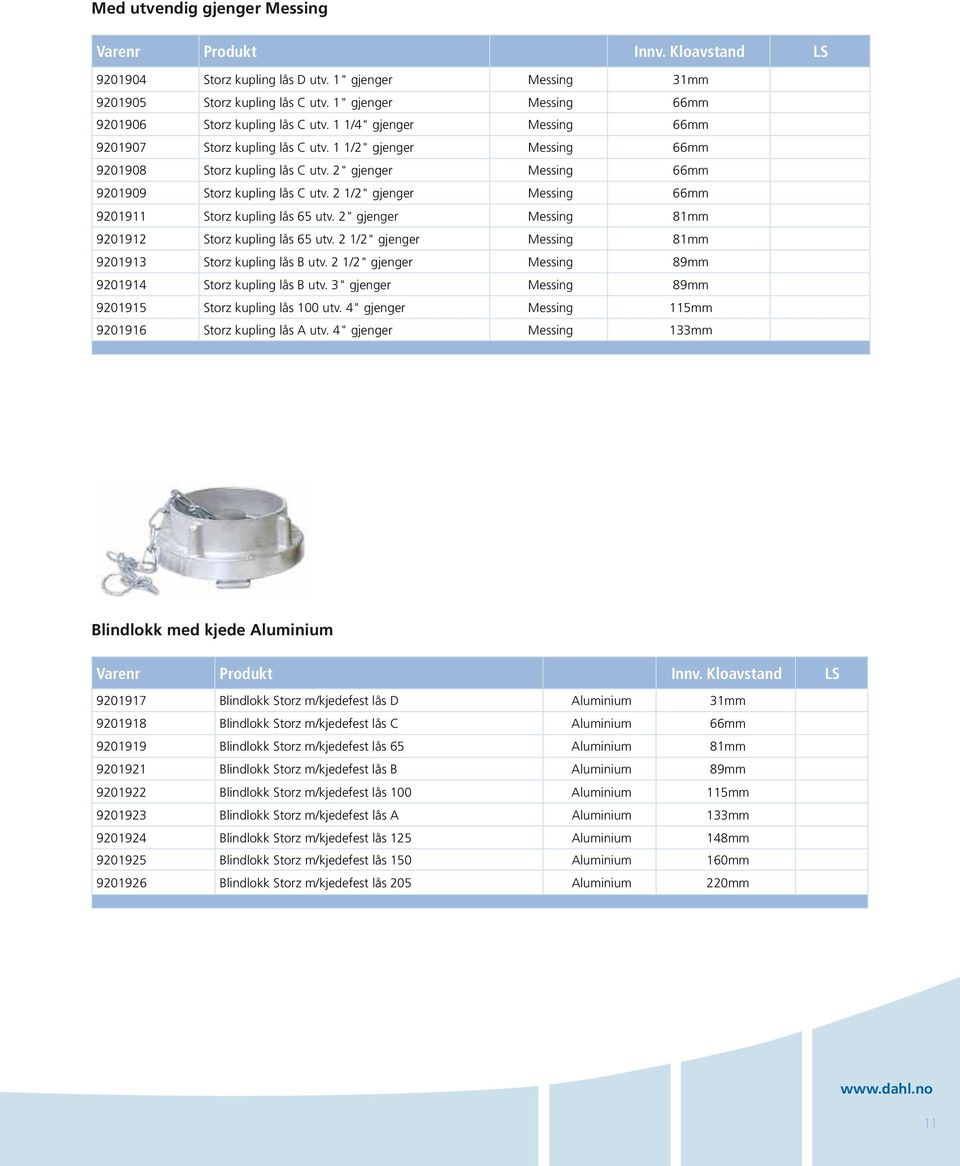2 1/2" gjenger Messing 66mm 9201911 Storz kupling lås 65 utv. 2" gjenger Messing 81mm 9201912 Storz kupling lås 65 utv. 2 1/2" gjenger Messing 81mm 9201913 Storz kupling lås B utv.