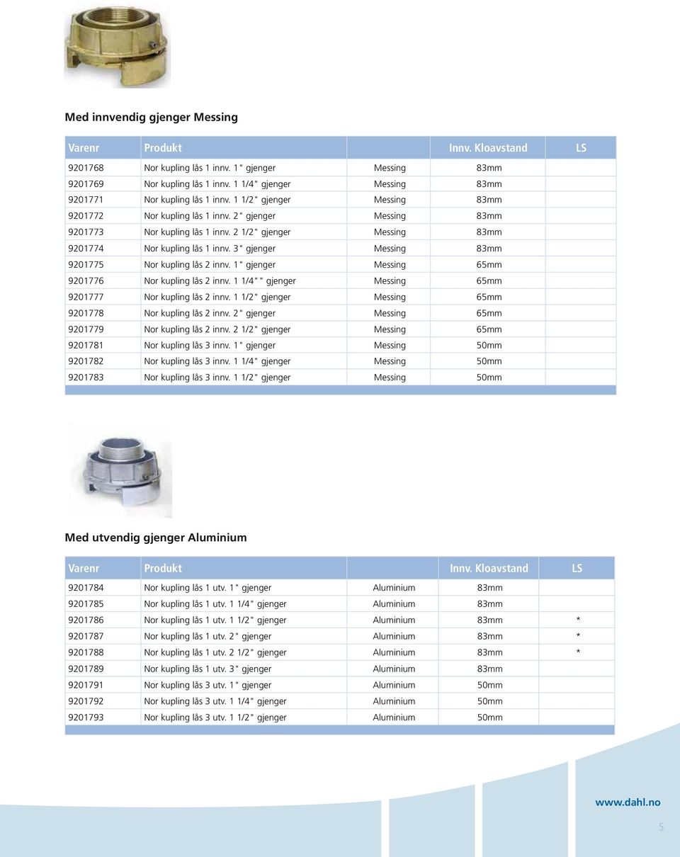 3" gjenger Messing 83mm 9201775 Nor kupling lås 2 innv. 1" gjenger Messing 65mm 9201776 Nor kupling lås 2 innv. 1 1/4"" gjenger Messing 65mm 9201777 Nor kupling lås 2 innv.