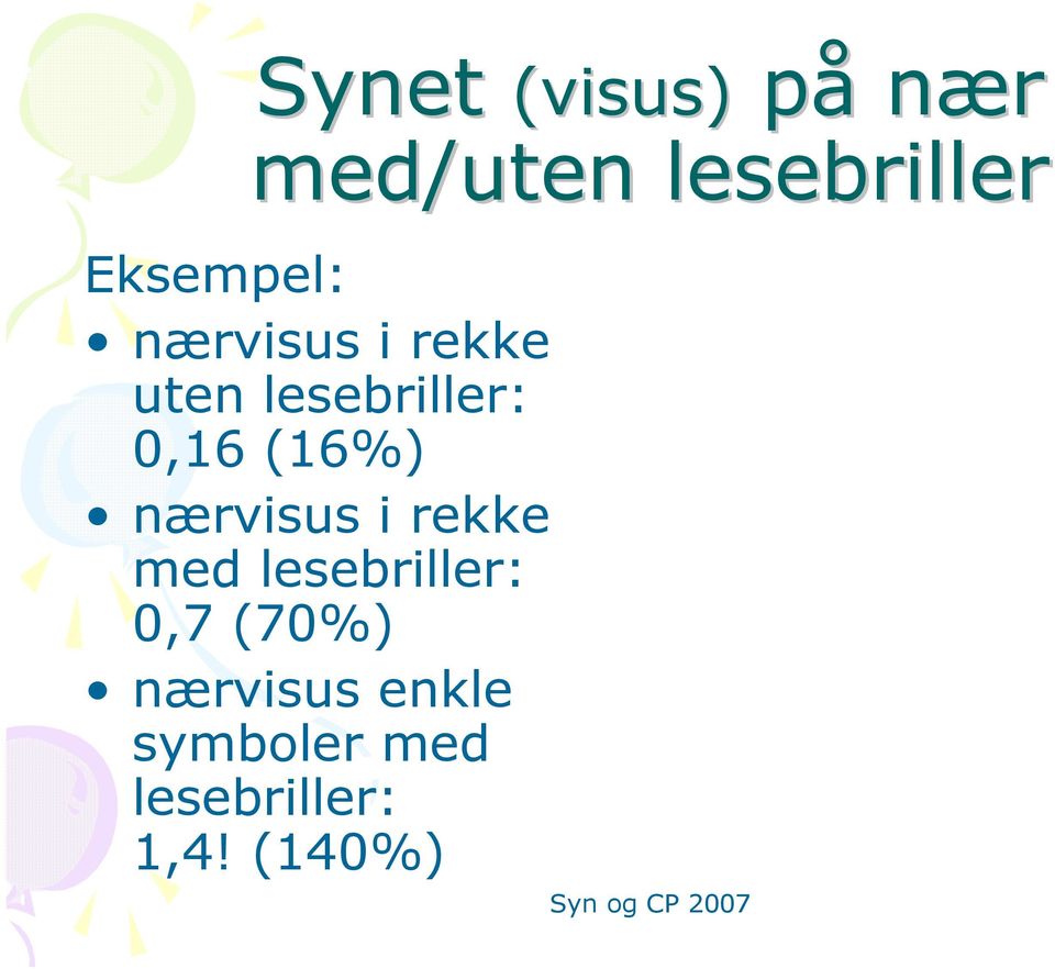 0,16 (16%) nærvisus i rekke med lesebriller: 0,7