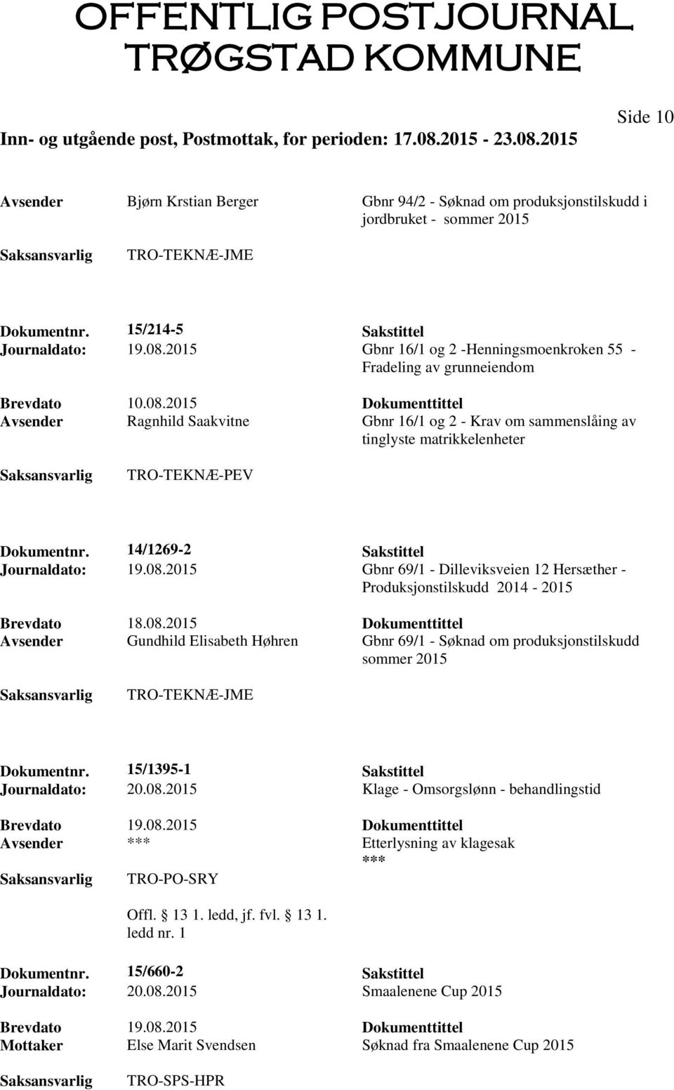 2015 Dokumenttittel Avsender Ragnhild Saakvitne Gbnr 16/1 og 2 - Krav om sammenslåing av tinglyste matrikkelenheter TRO-TEKNÆ-PEV Dokumentnr. 14/1269-2 Sakstittel Journaldato: 19.08.
