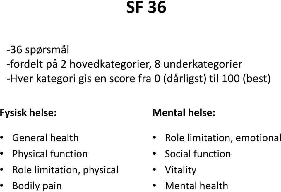 General health Physical function Role limitation, physical Bodily pain