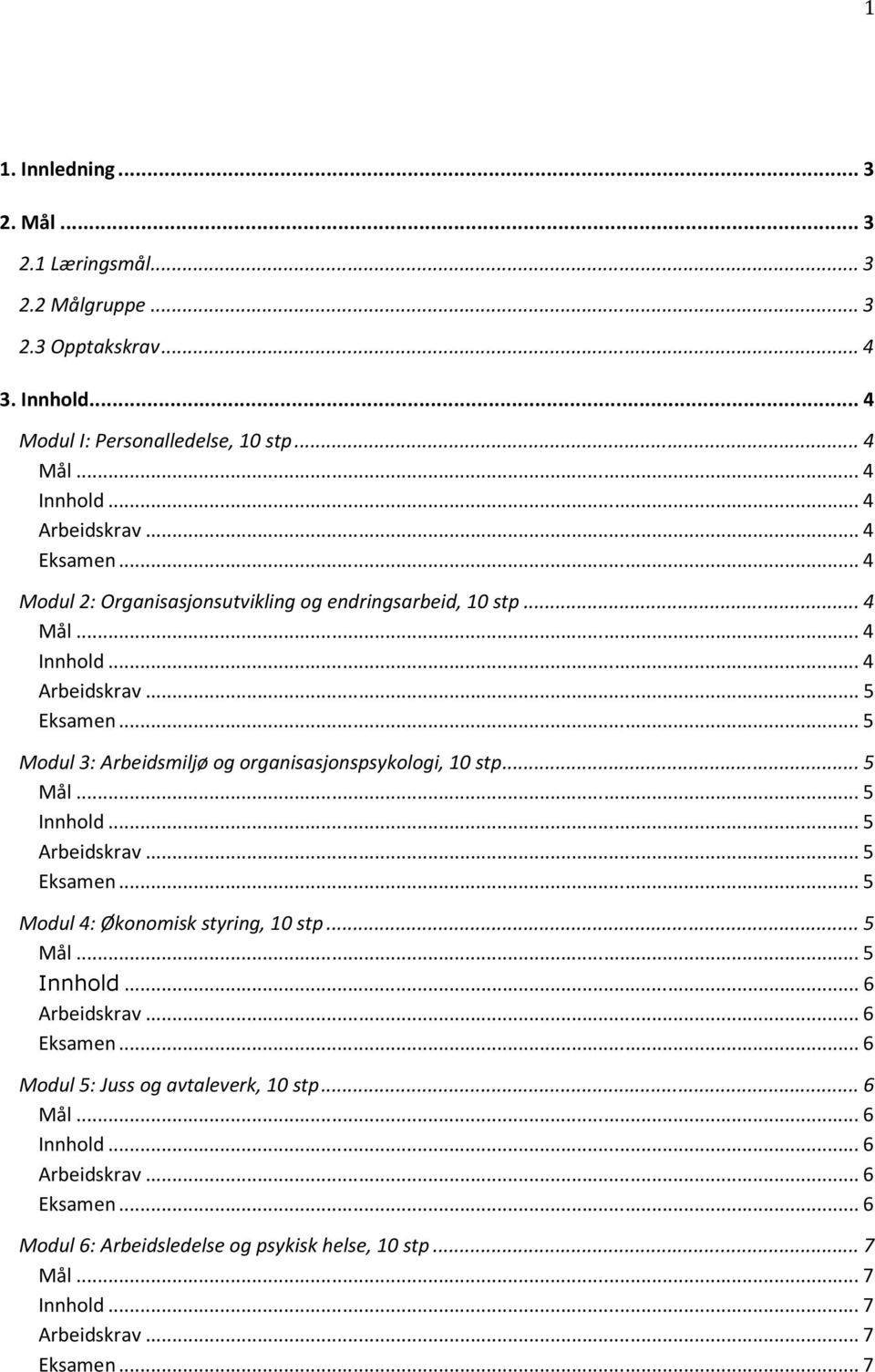 ..5 Modul 3: Arbeidsmiljø og organisasjonspsykologi, 10 stp...5 Mål...5 Innhold...5 Arbeidskrav...5 Eksamen...5 Modul 4: Økonomisk styring, 10 stp...5 Mål...5 Innhold...6 Arbeidskrav.