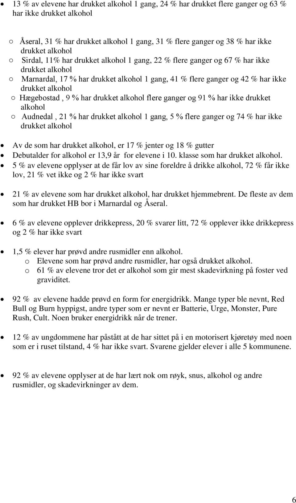 % har drukket alkohol flere ganger og 91 % har ikke drukket alkohol Audnedal, 21 % har drukket alkohol 1 gang, 5 % flere ganger og 74 % har ikke drukket alkohol Av de som har drukket alkohol, er 17 %