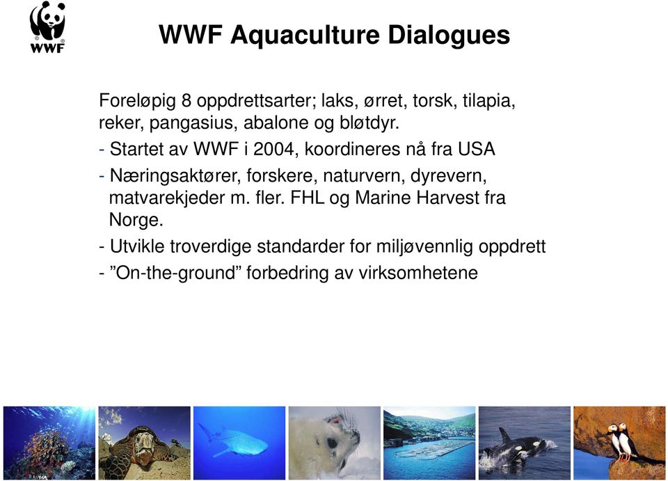 - Startet av WWF i 2004, koordineres nå fra USA - Næringsaktører, forskere, naturvern,