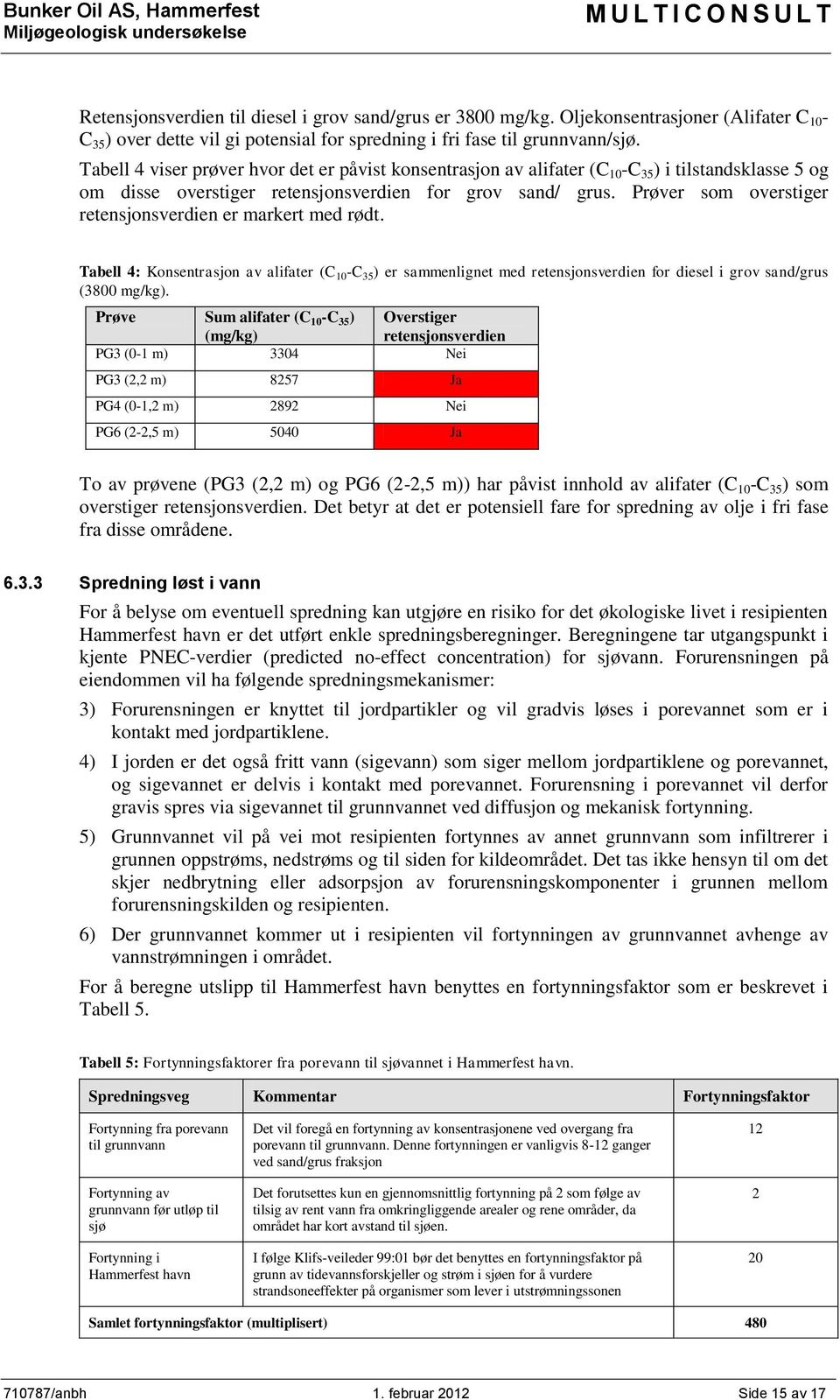 Tabell 4 viser prøver hvor det er påvist konsentrasjon av alifater (C 10 -C 35 ) i tilstandsklasse 5 og om disse overstiger retensjonsverdien for grov sand/ grus.