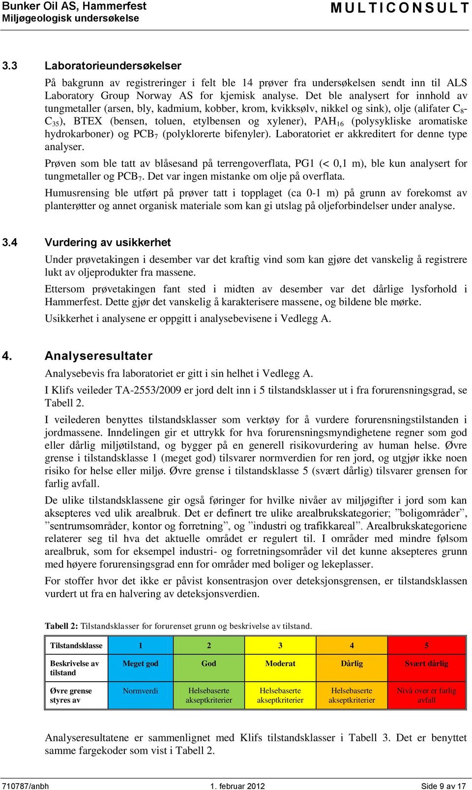 Det ble analysert for innhold av tungmetaller (arsen, bly, kadmium, kobber, krom, kvikksølv, nikkel og sink), olje (alifater C 8 - C 35 ), BTEX (bensen, toluen, etylbensen og xylener), PAH 16