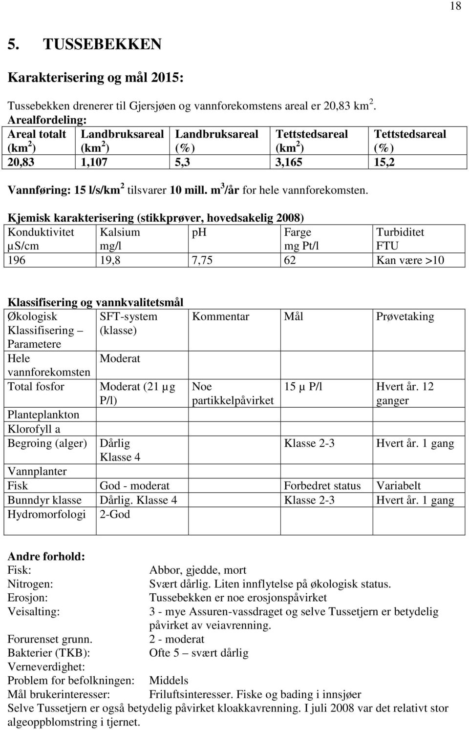 Kjemisk karakterisering (stikkprøver, hovedsakelig 2008) Konduktivitet µs/cm Kalsium mg/l ph Farge mg Pt/l Turbiditet FTU 196 19,8 7,75 62 Kan være >10 Klassifisering og vannkvalitetsmål Økologisk