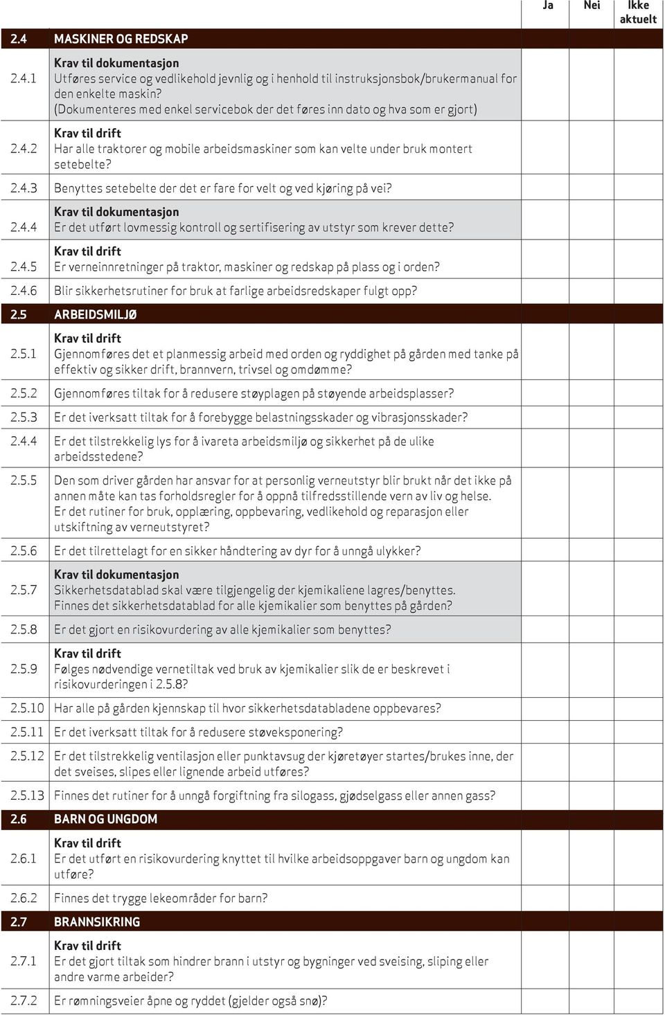 2.4.4 Er det utført lovmessig kontroll og sertifisering av utstyr som krever dette? 2.4.5 Er verneinnretninger på traktor, maskiner og redskap på plass og i orden? 2.4.6 Blir sikkerhetsrutiner for bruk at farlige arbeidsredskaper fulgt opp?