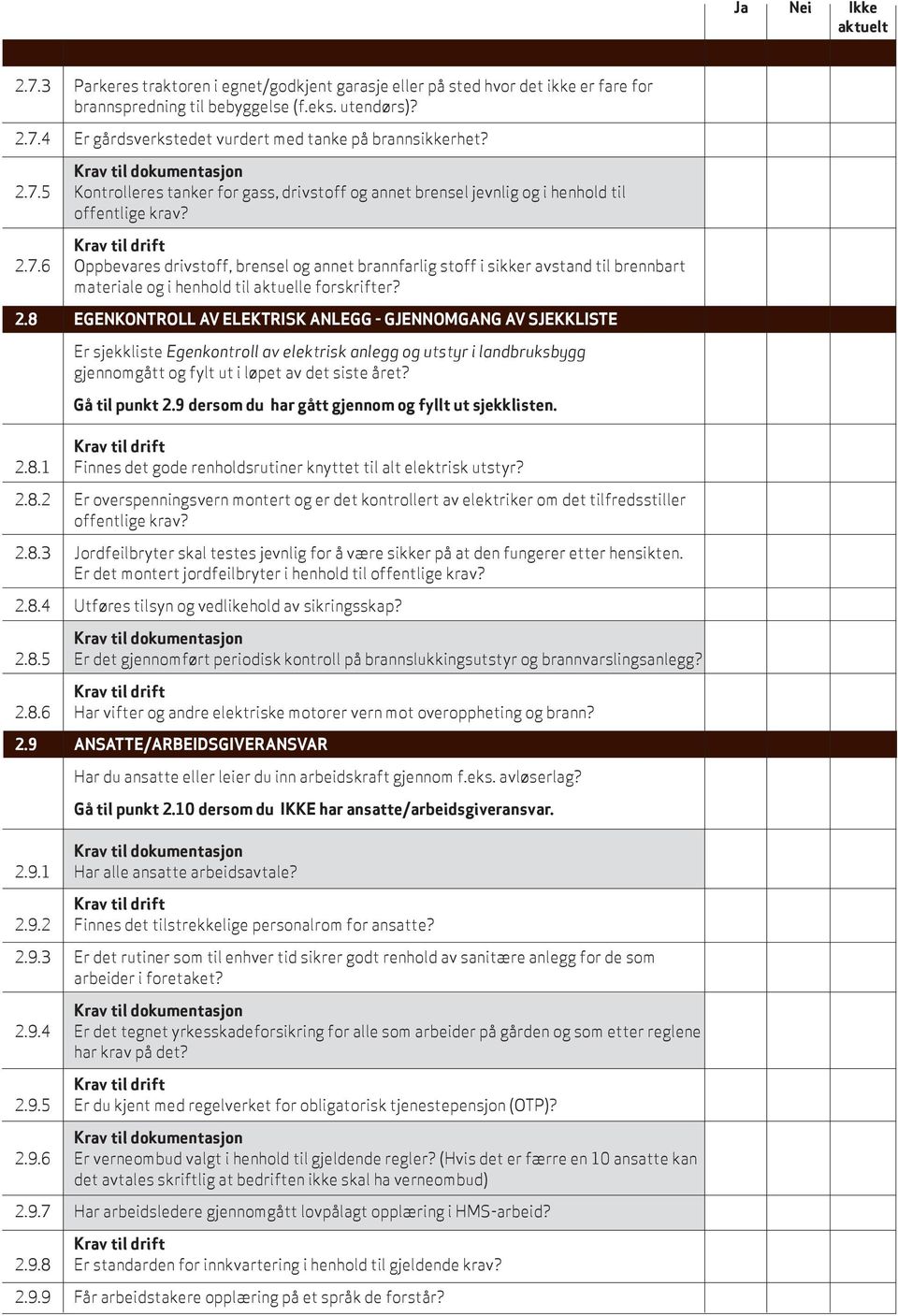 2.8 EGENKONTROLL AV ELEKTRISK ANLEGG - GJENNOMGANG AV SJEKKLISTE Er sjekkliste Egenkontroll av elektrisk anlegg og utstyr i landbruksbygg gjennomgått og fylt ut i løpet av det siste året?