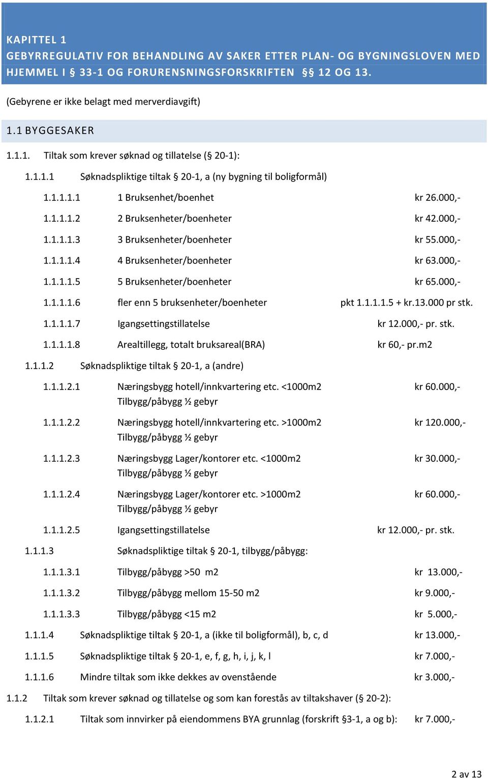 000,- 1.1.1.1.4 4 Bruksenheter/boenheter kr 63.000,- 1.1.1.1.5 5 Bruksenheter/boenheter kr 65.000,- 1.1.1.1.6 fler enn 5 bruksenheter/boenheter pkt 1.1.1.1.5 + kr.13.000 pr stk. 1.1.1.1.7 Igangsettingstillatelse kr 12.