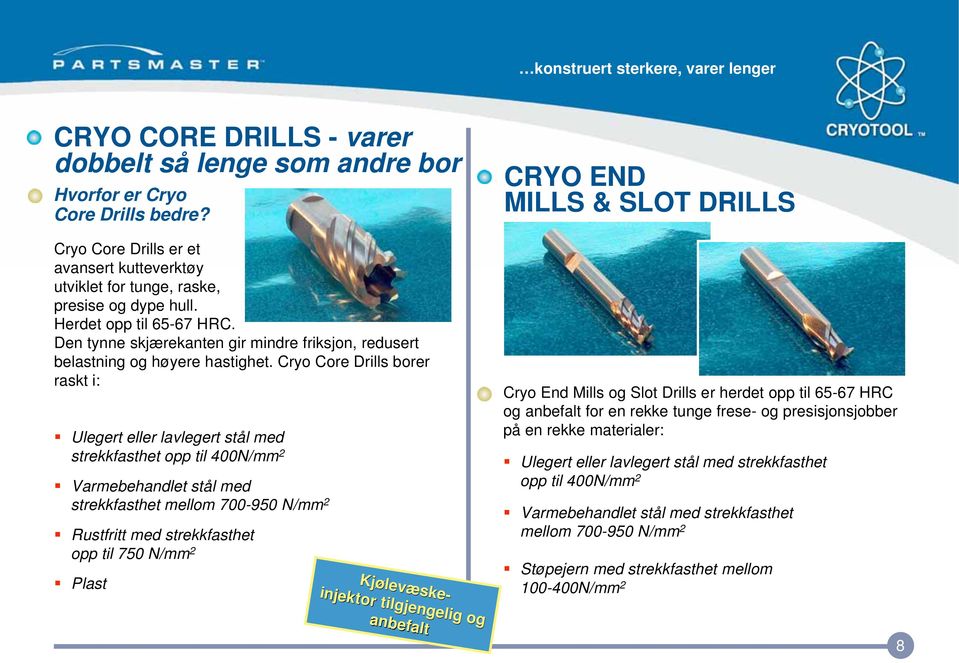 Cryo Core Drills borer raskt i: Ulegert eller lavlegert stål med strekkfasthet opp til 400N/mm 2 Varmebehandlet stål med strekkfasthet mellom 700-950 N/mm 2 Rustfritt med strekkfasthet opp til 750