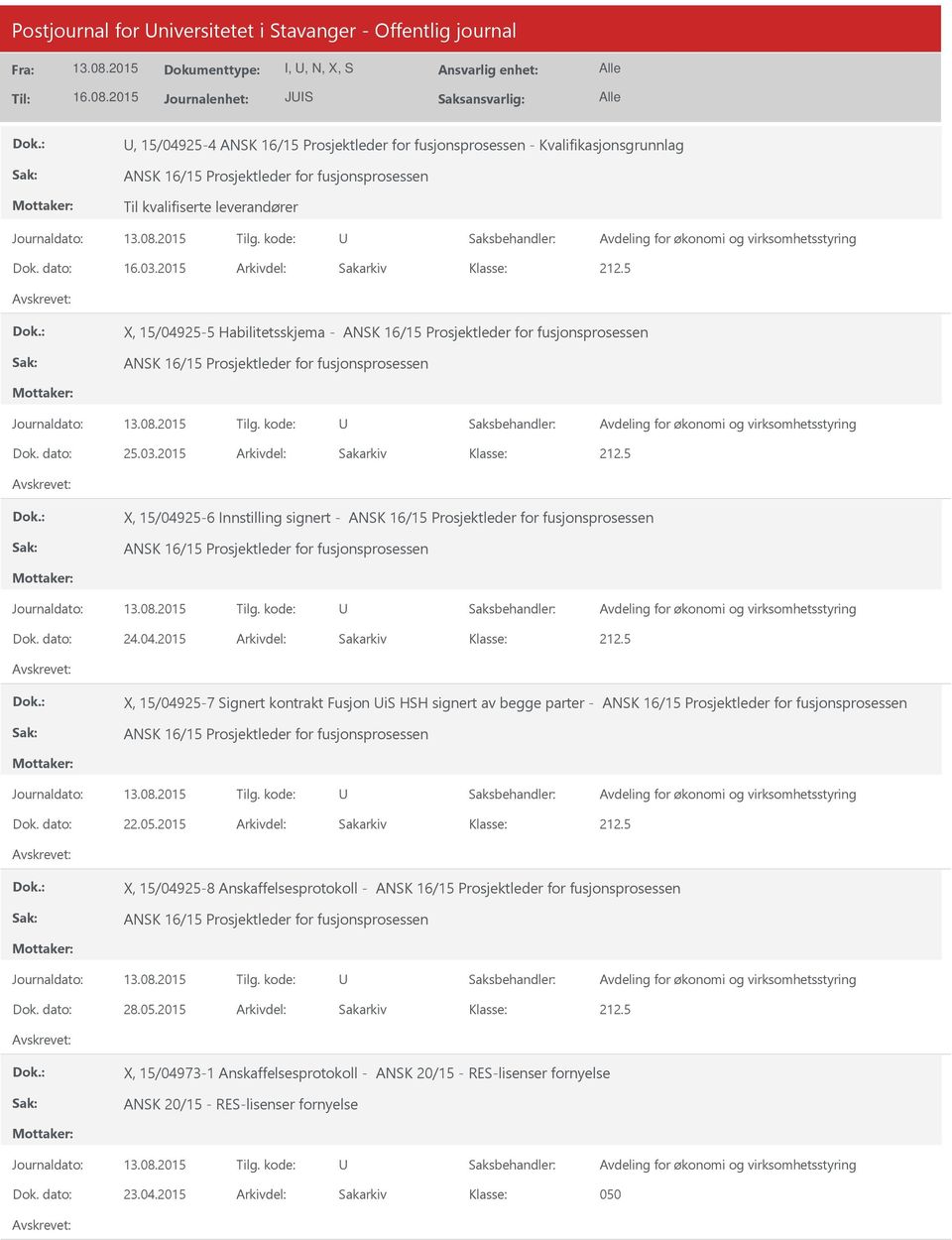 5 X, 15/04925-5 Habilitetsskjema - ANSK 16/15 Prosjektleder for fusjonsprosessen ANSK 16/15 Prosjektleder for fusjonsprosessen Avdeling for økonomi og virksomhetsstyring Dok. dato: 25.03.