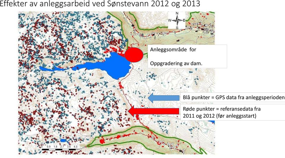 Blå punkter = GPS data fra anleggsperioden Røde