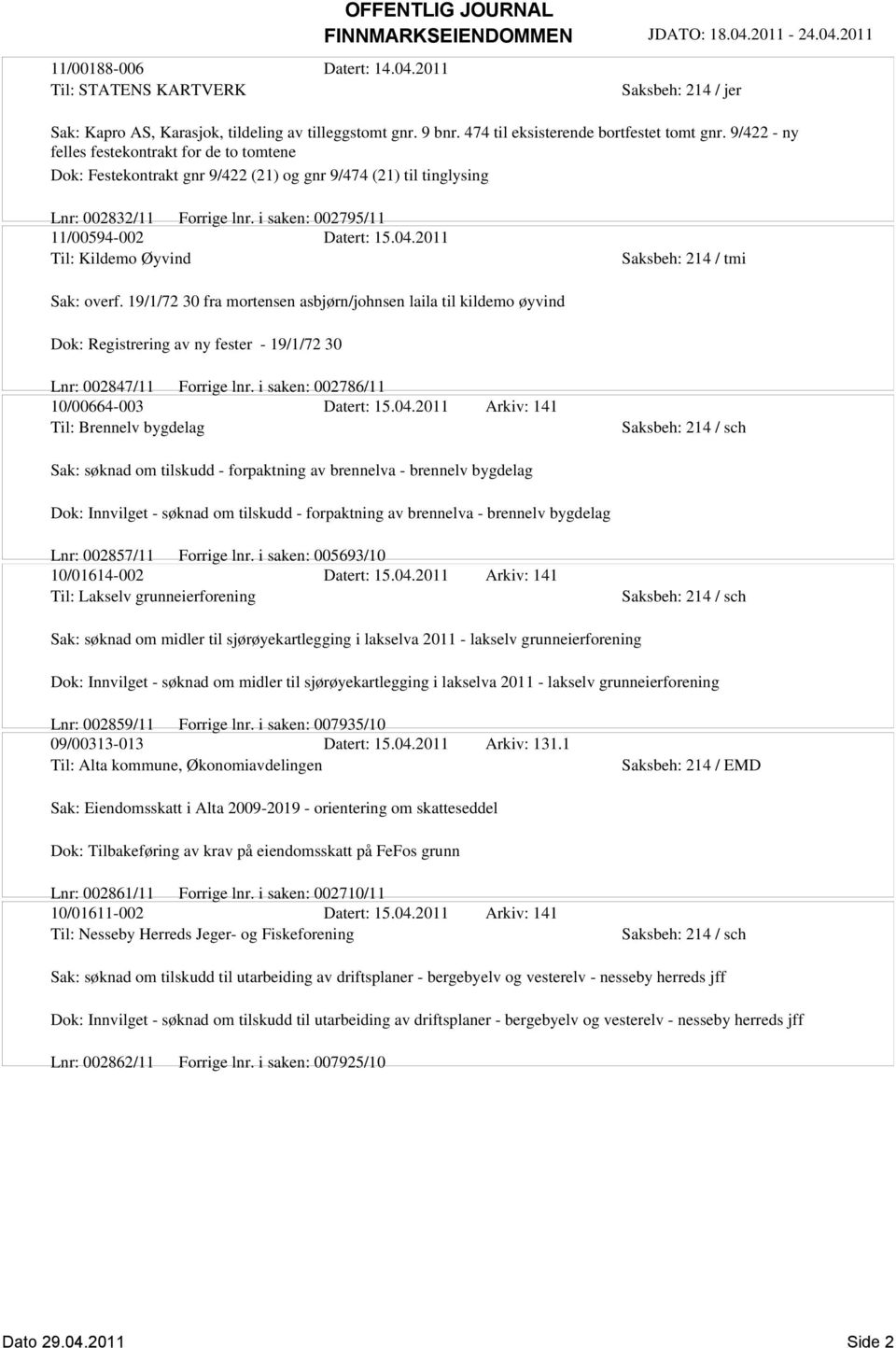 2011 Til: Kildemo Øyvind Sak: overf. 19/1/72 30 fra mortensen asbjørn/johnsen laila til kildemo øyvind Dok: Registrering av ny fester - 19/1/72 30 Lnr: 002847/11 Forrige lnr.