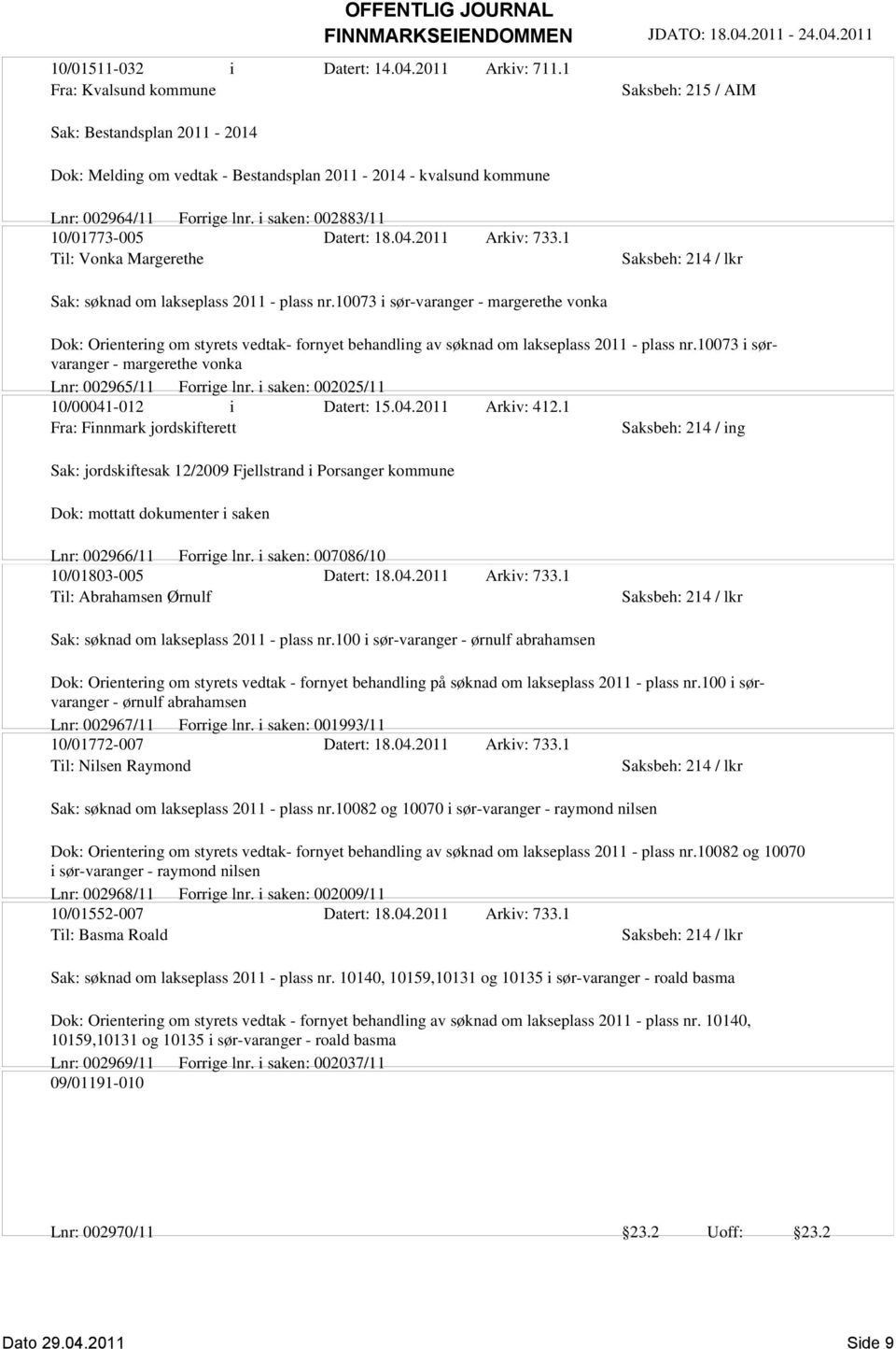 i saken: 002883/11 10/01773-005 Datert: 18.04.2011 Arkiv: 733.1 Til: Vonka Margerethe Sak: søknad om lakseplass 2011 - plass nr.