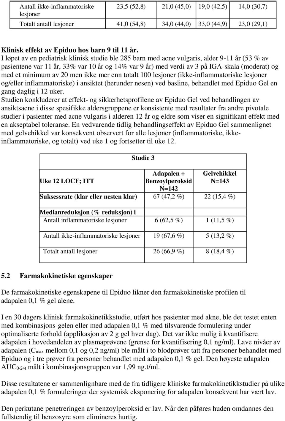 minimum av 20 men ikke mer enn totalt 100 lesjoner (ikke-inflammatoriske lesjoner og/eller inflammatoriske) i ansiktet (herunder nesen) ved basline, behandlet med Epiduo Gel en gang daglig i 12 uker.