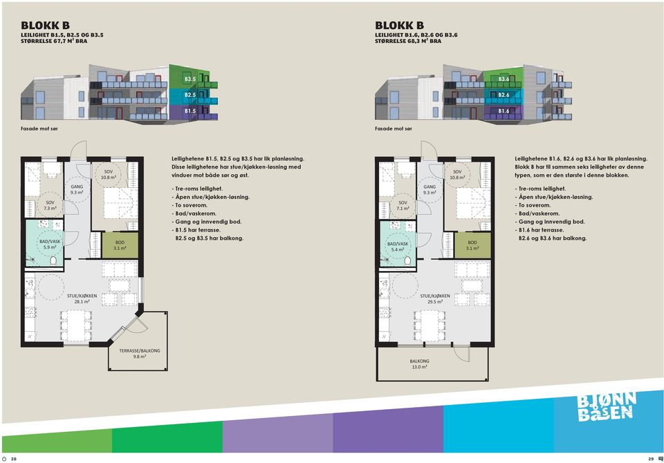 6 m² B2.5 B2.6 B1.5 B1.6 Leilighetene B1.5, B2.5 og B3.5 har lik planløsning. Disse leilighetene har stue/kjøkken løsning med vinduer mot både sør og øst. Tre roms leilighet.