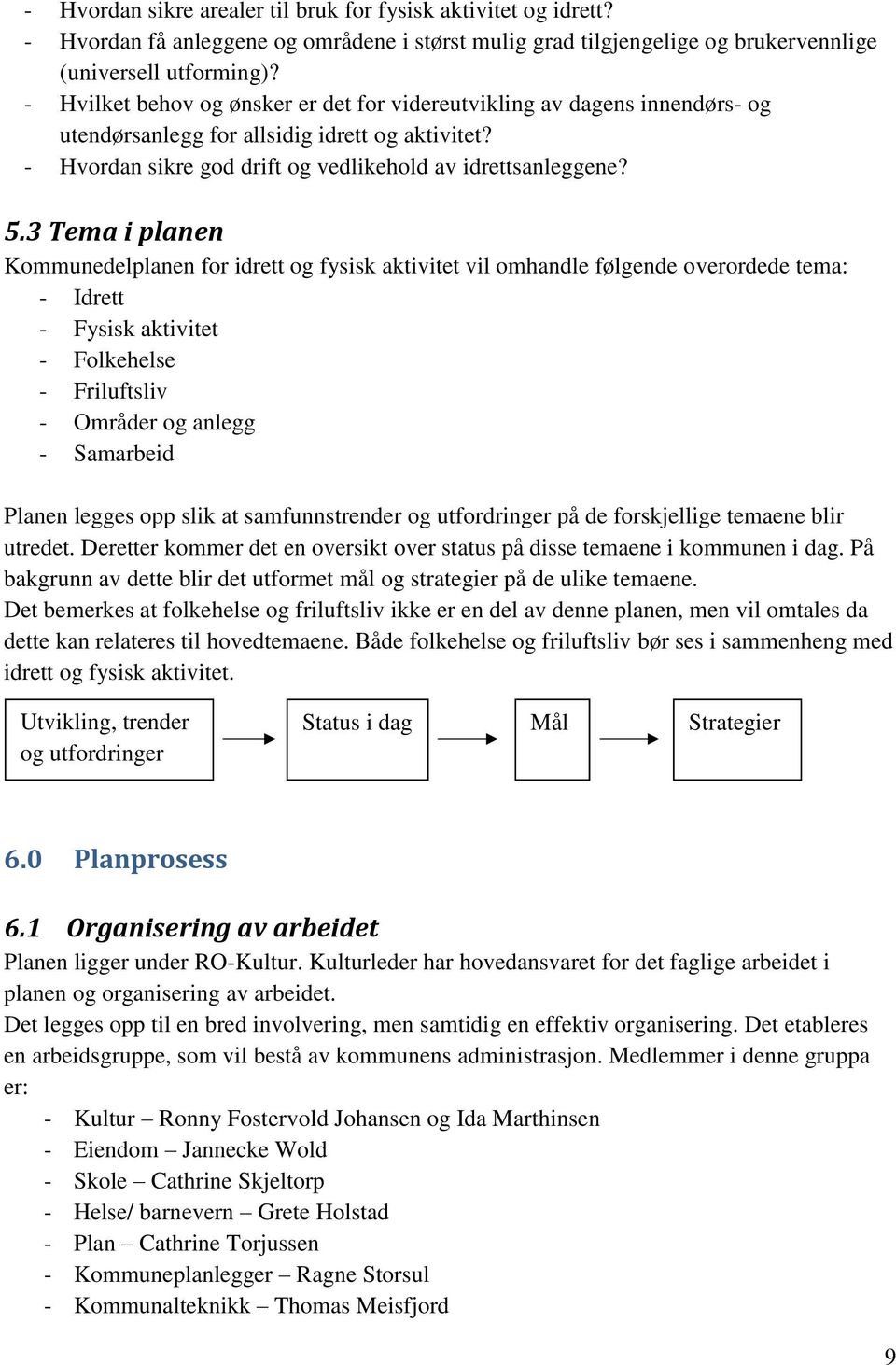 3 Tema i planen Kommunedelplanen for idrett og fysisk aktivitet vil omhandle følgende overordede tema: - Idrett - Fysisk aktivitet - Folkehelse - Friluftsliv - Områder og anlegg - Samarbeid Planen