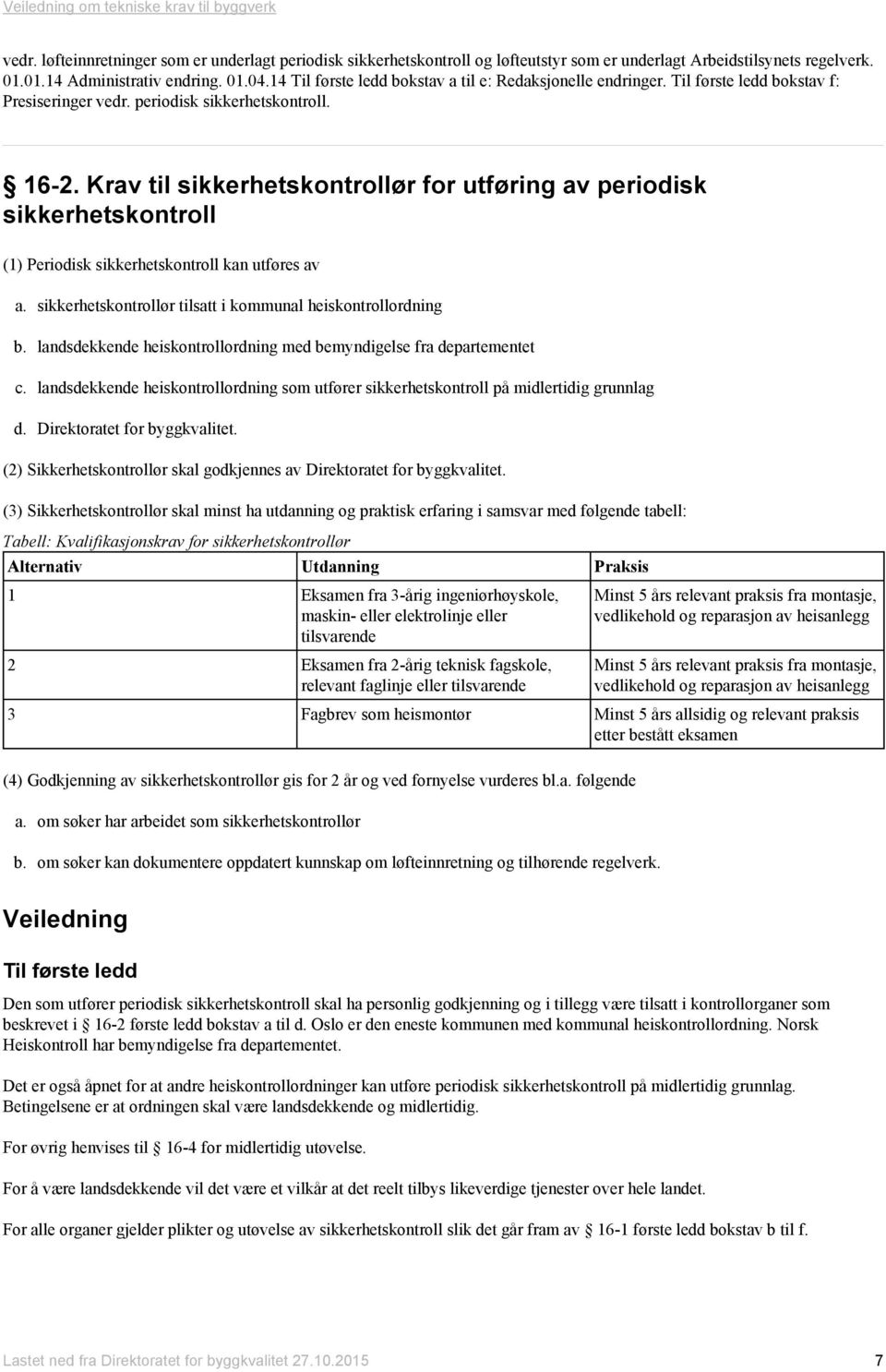 Krav til sikkerhetskontrollør for utføring av periodisk sikkerhetskontroll (1) Periodisk sikkerhetskontroll kan utføres av a. sikkerhetskontrollør tilsatt i kommunal heiskontrollordning b.