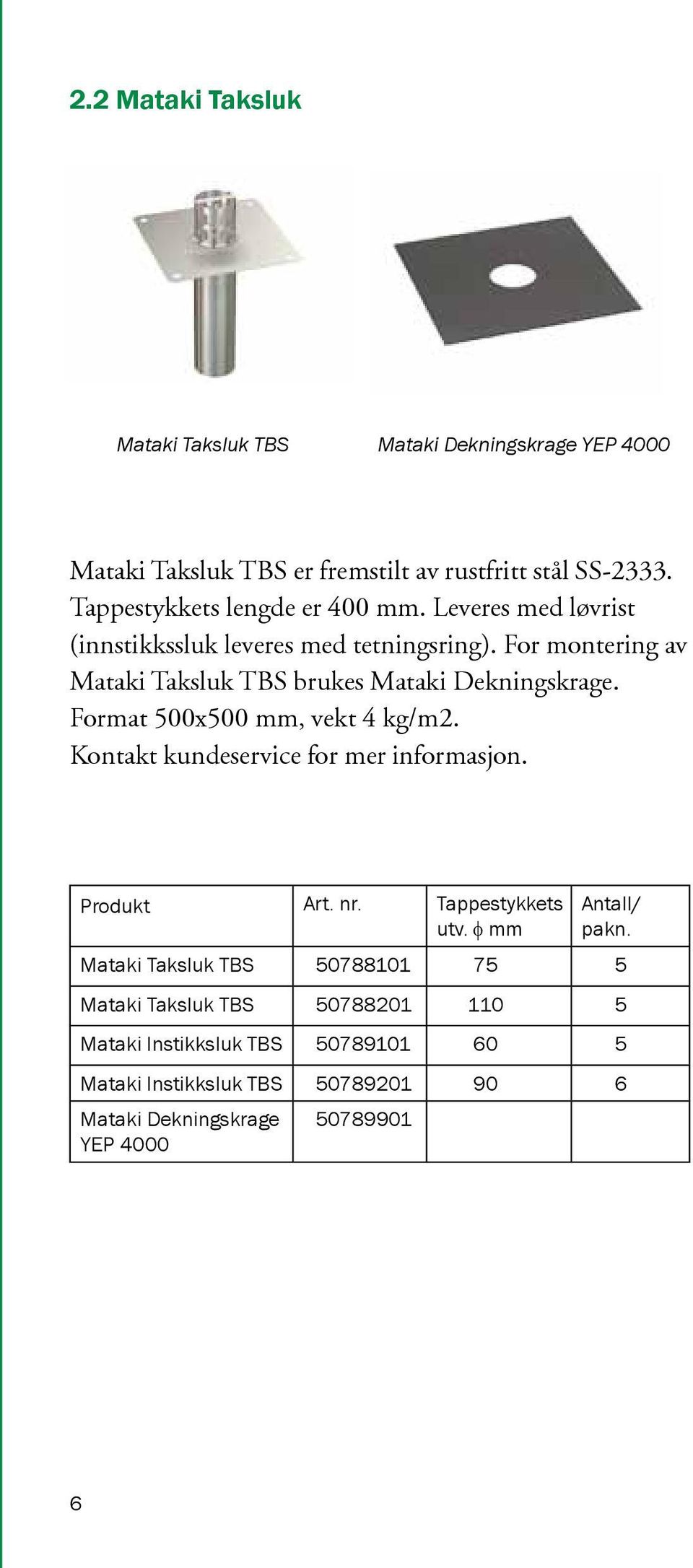 For montering av Mataki Taksluk TBS brukes Mataki Dekningskrage. Format 500x500 mm, vekt 4 kg/m2. Kontakt kundeservice for mer informasjon.