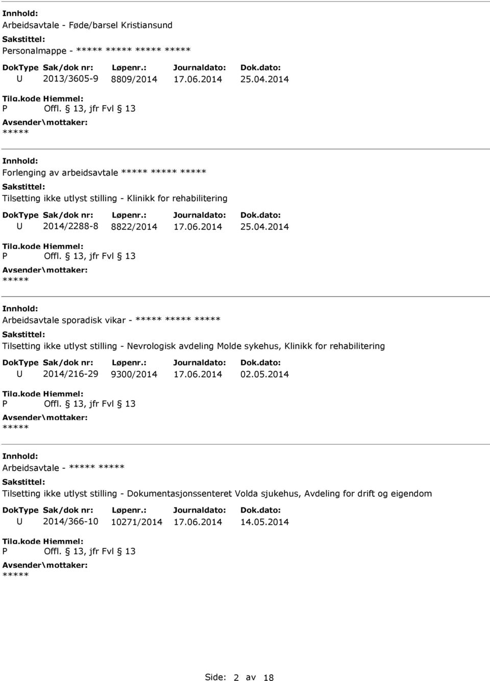 2014 Arbeidsavtale sporadisk vikar - Tilsetting ikke utlyst stilling - Nevrologisk avdeling Molde sykehus, Klinikk for rehabilitering