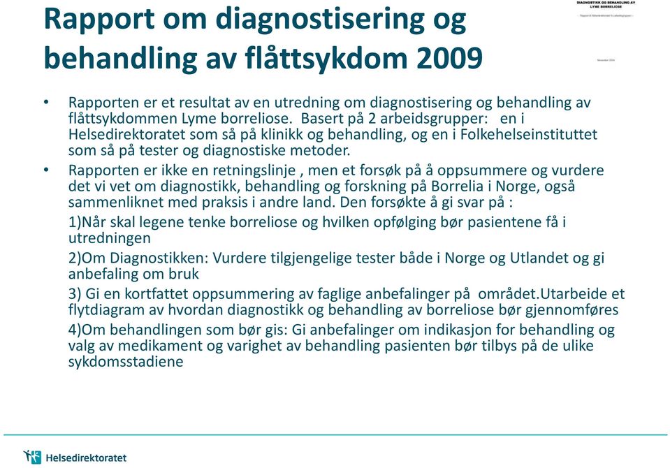 Rapporten er ikke en retningslinje, men et forsøk på å oppsummere og vurdere det vi vet om diagnostikk, behandling og forskning på Borrelia i Norge, også sammenliknet med praksis i andre land.