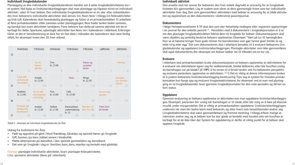 Den individuelle livsgledekalenderen er en uke- eller månedskalender, hvor beboerens individuelle aktiviteter skal skrives inn. Noen fører i tillegg inn fellesaktiviteter og frisk luft.