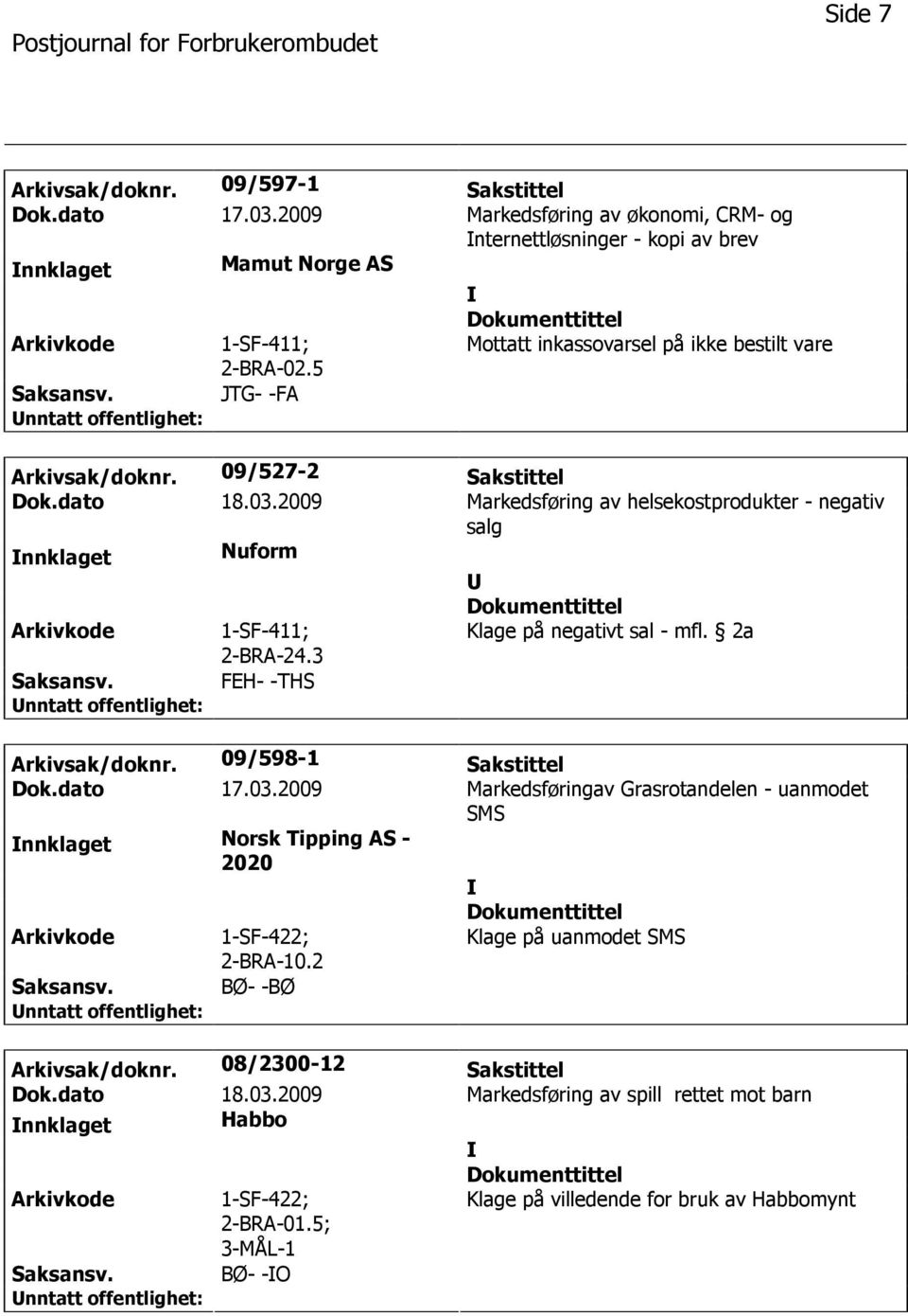 2009 Markedsføring av helsekostprodukter - negativ salg nnklaget Nuform 1-SF-411; 2-BRA-24.3 Klage på negativt sal - mfl. 2a FEH- -THS Arkivsak/doknr. 09/598-1 Sakstittel Dok.dato 17.03.