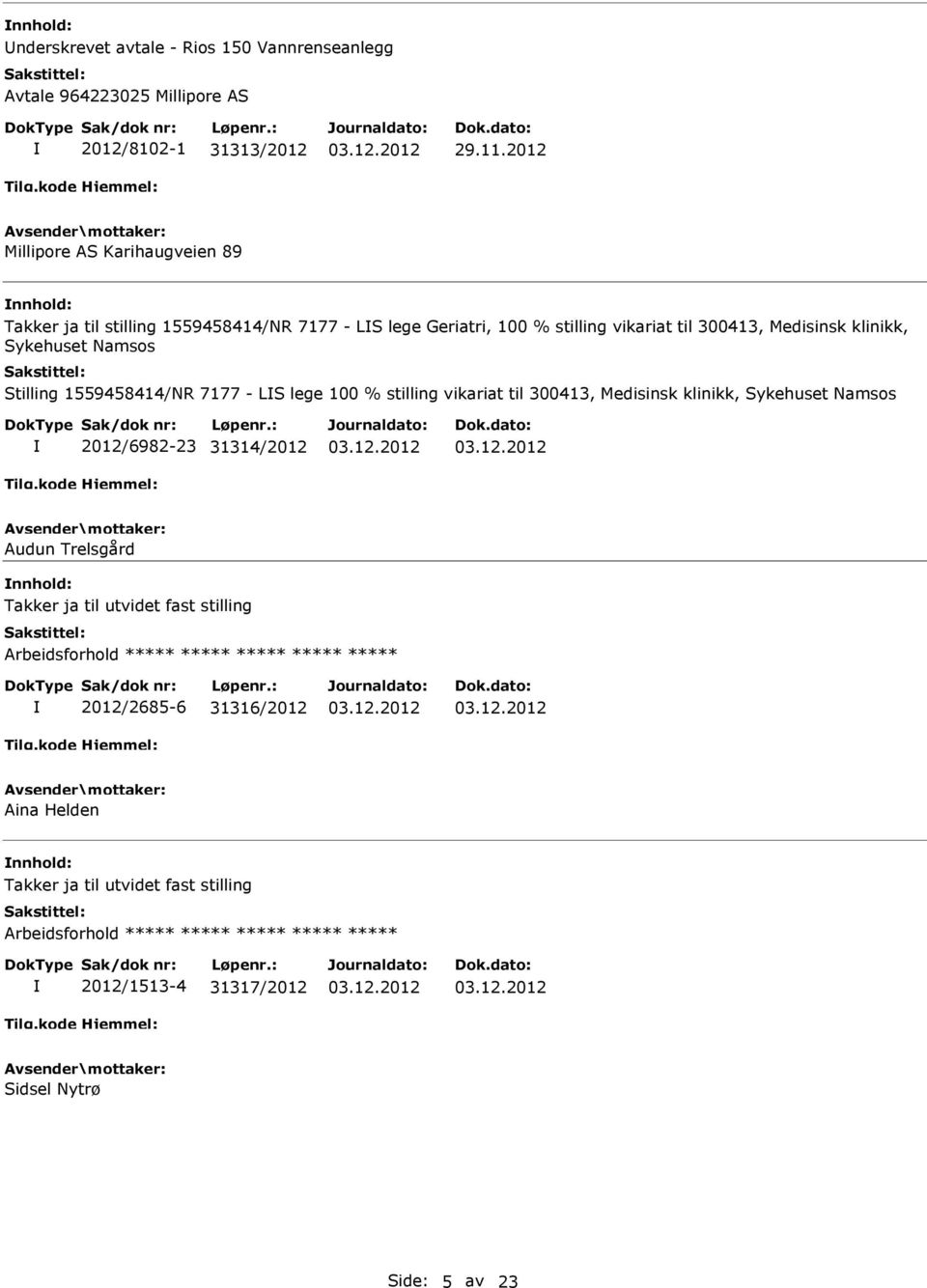 7177 - LS lege 100 % stilling vikariat til 300413, Medisinsk klinikk, Sykehuset Namsos 2012/6982-23 31314/2012 Audun Trelsgård Takker ja til