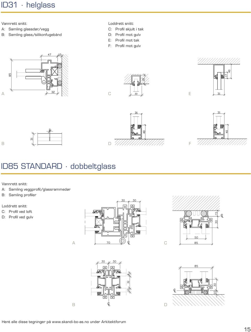 dobbeltglass Vannrett snitt: A: Samling veggprofil/glassrammedør B: Samling profiler Loddrett snitt: C: