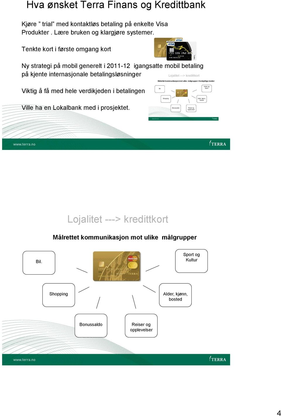 Målrettet kommunikasjon mot ulike målgrupper i forskjellige medier Viktig å få med hele verdikjeden i betalingen Bil Kultur og Sport Ville ha en Lokalbank med i prosjektet.